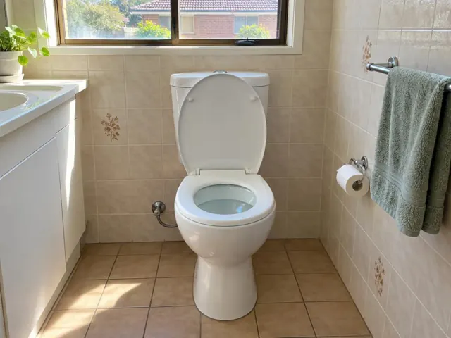 Clean white toilet in a tiled bathroom with towel rail and sink in Rooty Hill
