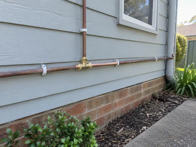 Repaired copper water pipe along exterior weatherboard wall with brass valve in Woodcroft