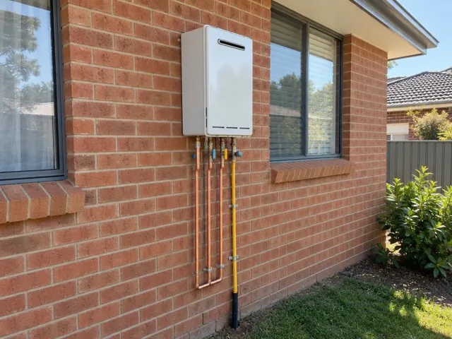 Wall-mounted hot water system with exposed copper and gas pipework on a brick house exterior in Blacktown